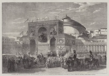 Triomfboog opgericht in Napels tijdens de Feesten die onlangs in die Stad werden gehouden